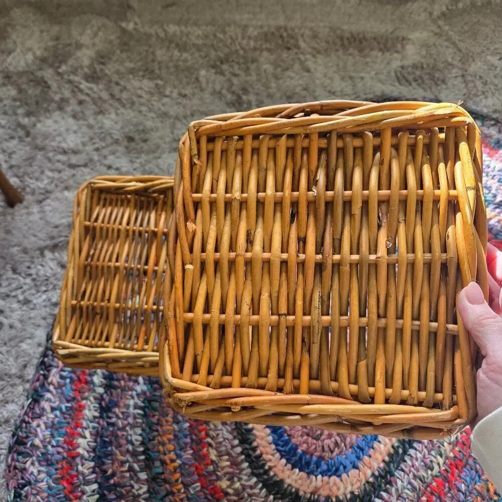 Heritage Stair Step Rattan Basket Hand Woven Wicker Rustic Cottage VTG Country